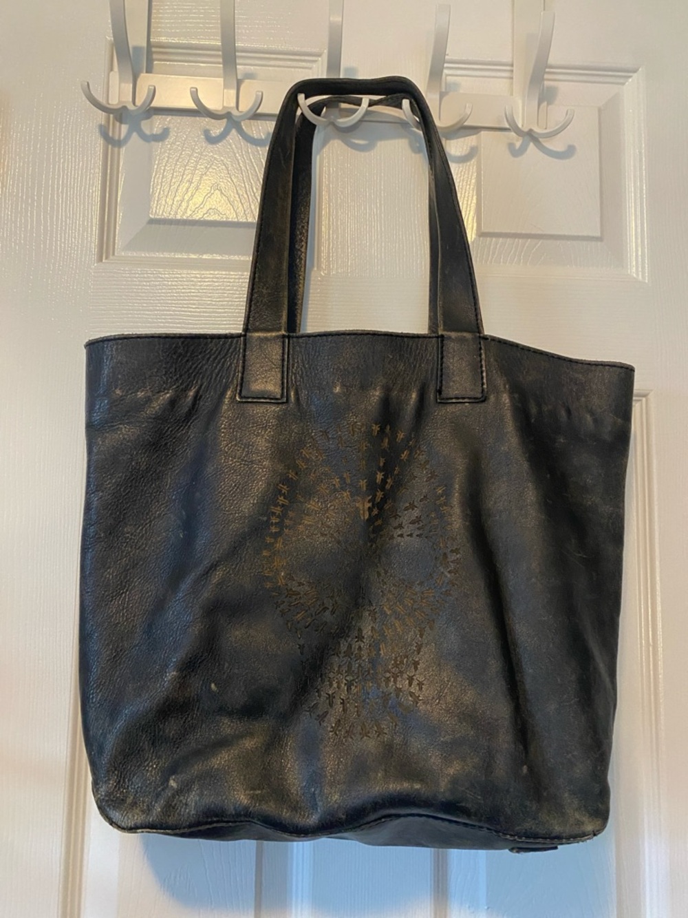 Frye Black Leather Tote with Subtle Starburst Detail
